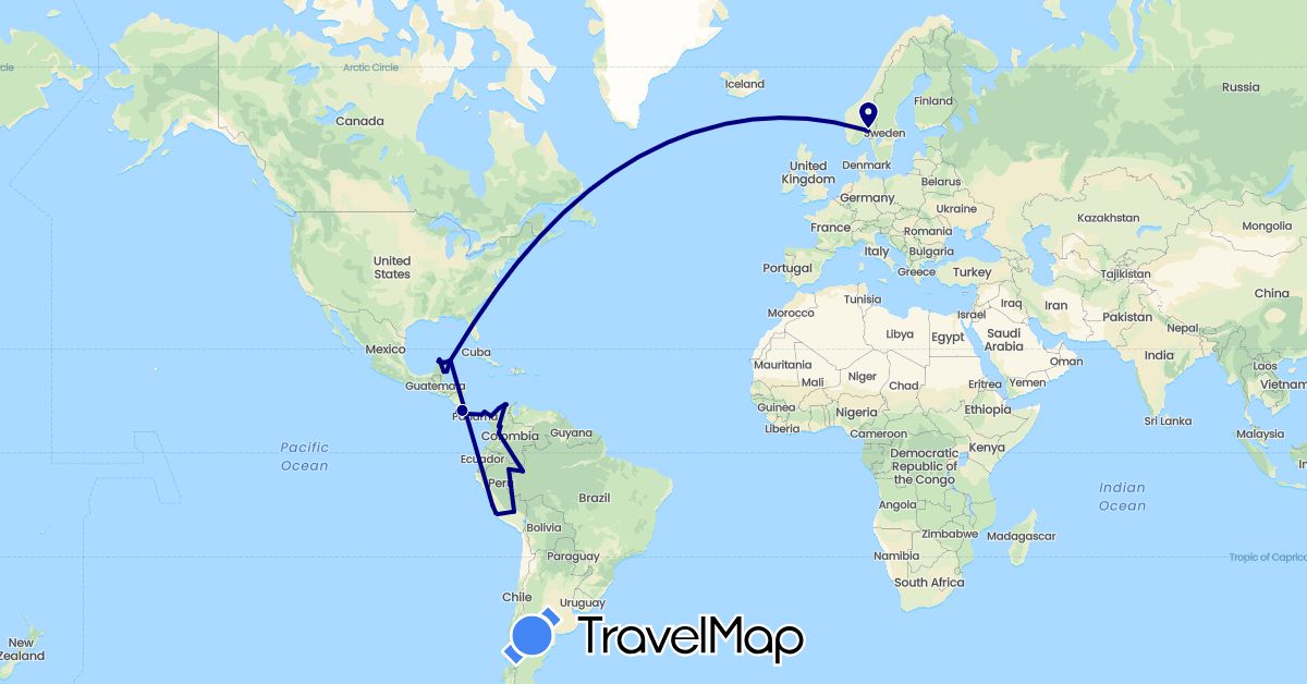 TravelMap itinerary: driving in Colombia, Costa Rica, Mexico, Norway, Panama, Peru (Europe, North America, South America)